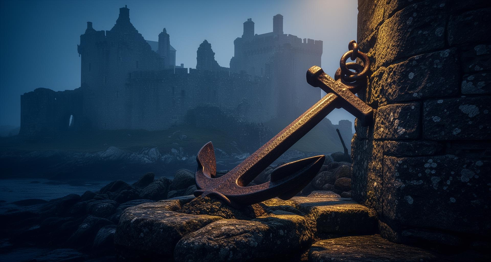 Weathered anchor against ancient Scottish castle - symbol of the Gray family motto Anchor Fast Anchor