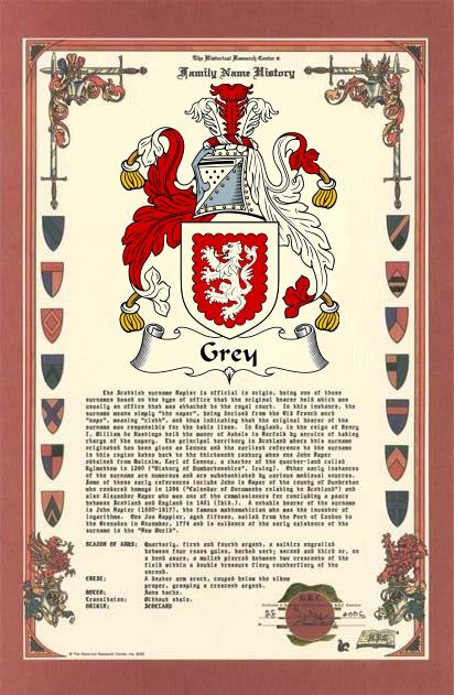 Grey Family Name History document with Coat of Arms - Scottish heraldic lineage from 1066 Norman Conquest