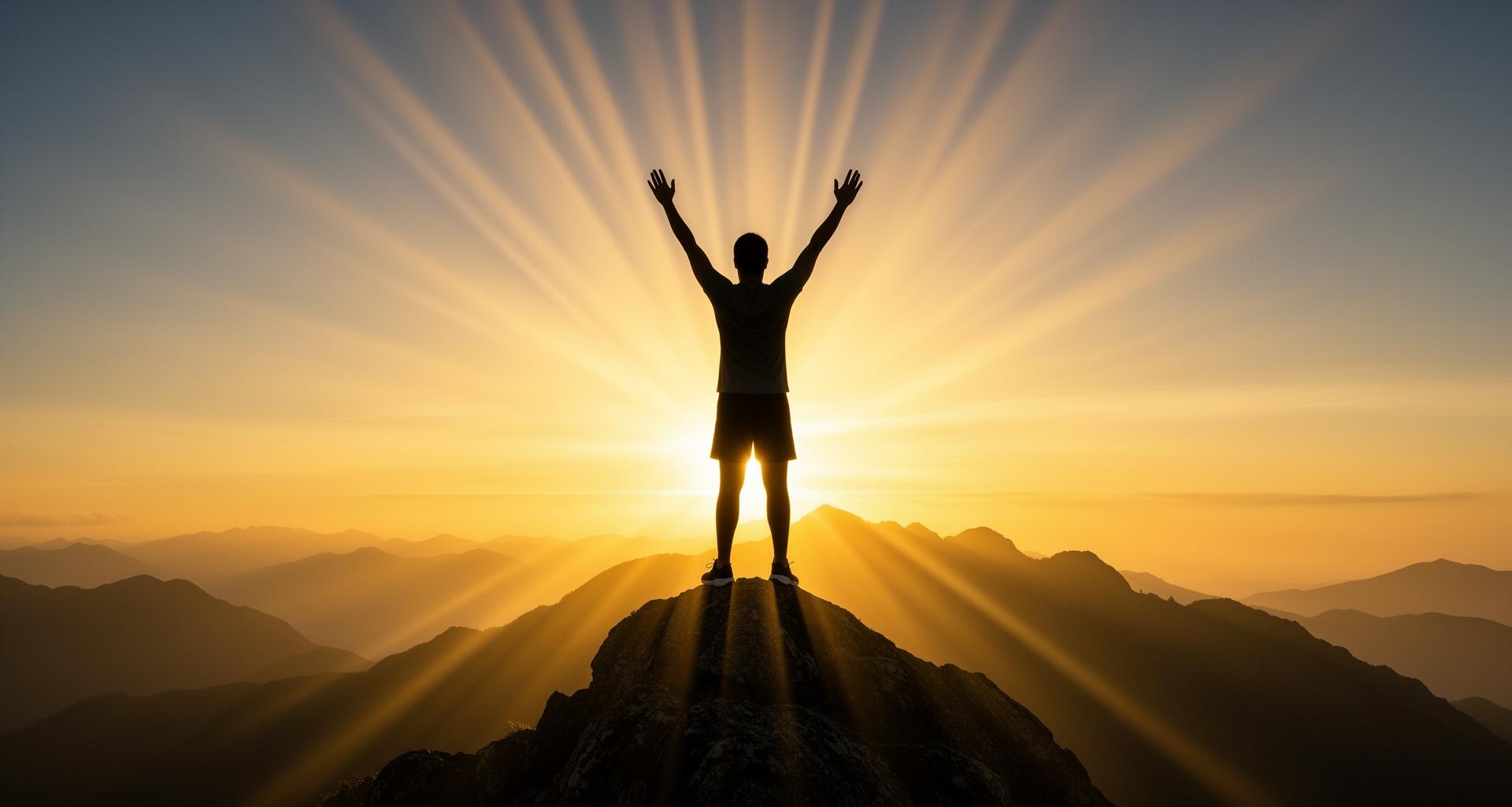 Person with arms raised at sunrise on mountain peak - representing human vitality and optimal health potential