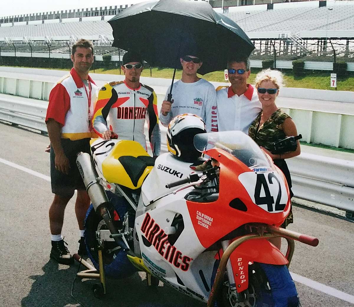 Dianetics motorcycle racing team with #42 Suzuki superbike - Kenton Gray team owner