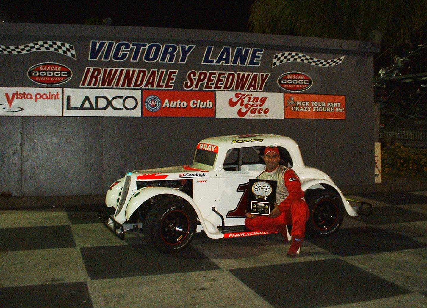 Kenton Gray #1 Legend car Victory Lane at Irwindale Speedway