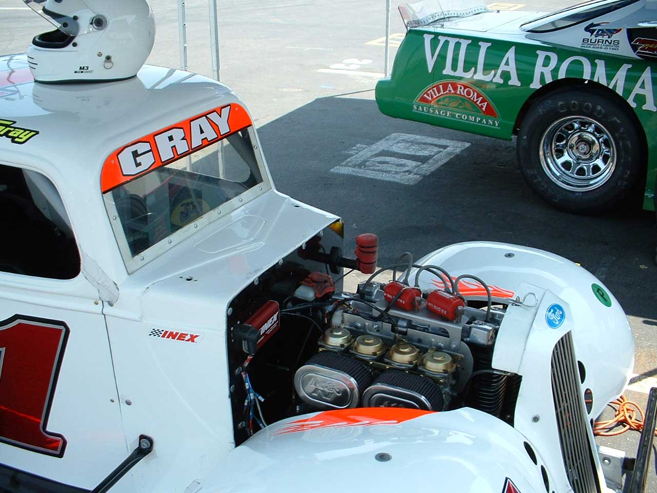 #1 Legend car 'GRAY' with engine exposed - race prep