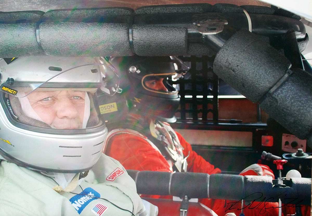 Driver's view from inside the cockpit with helmet on