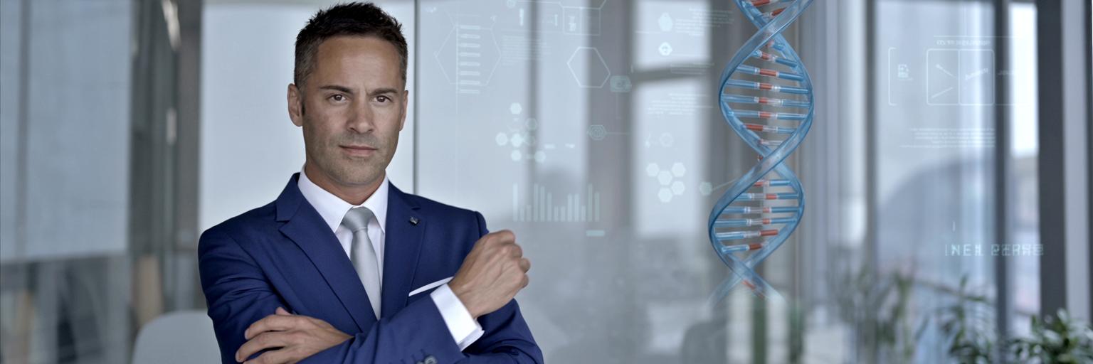 Kenton Gray, CEO of Veracor Group, in professional setting discussing Signal-Based Medicine with DNA visualization overlay