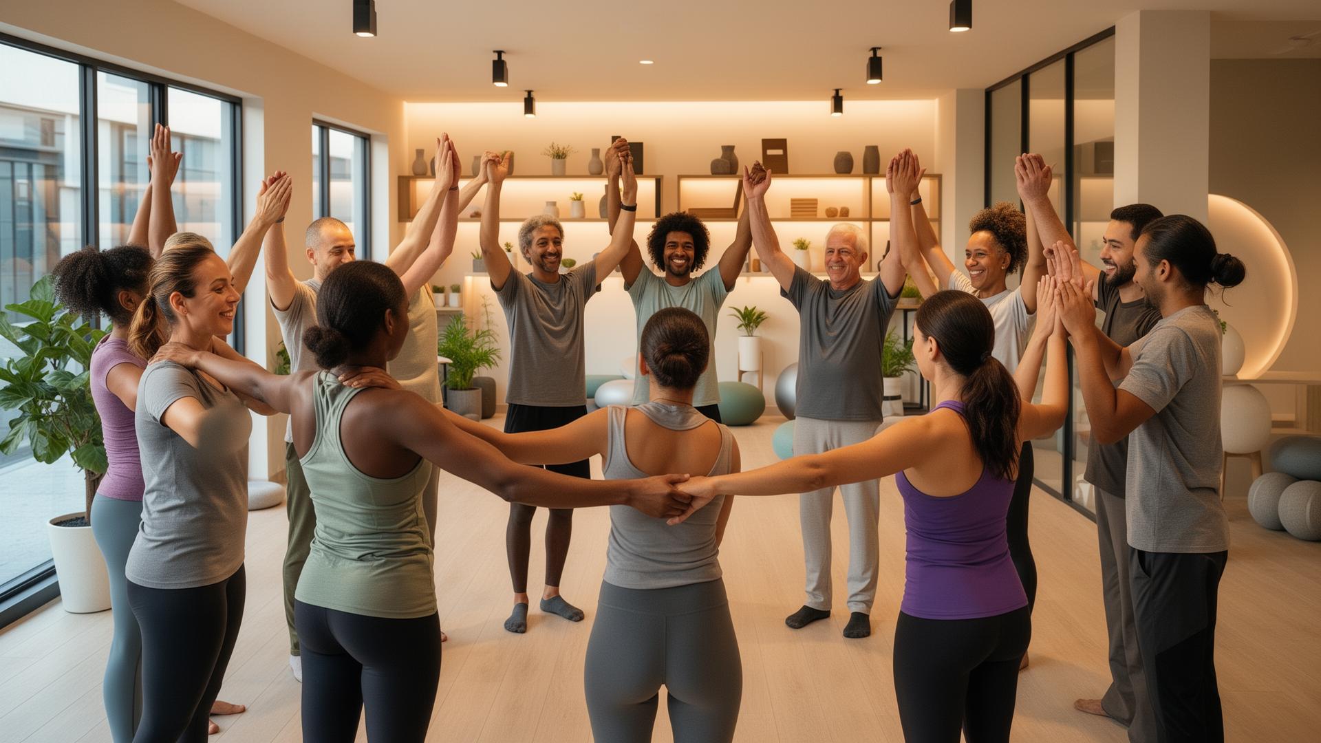 KureLife community members in a supportive circle, hands raised in unity