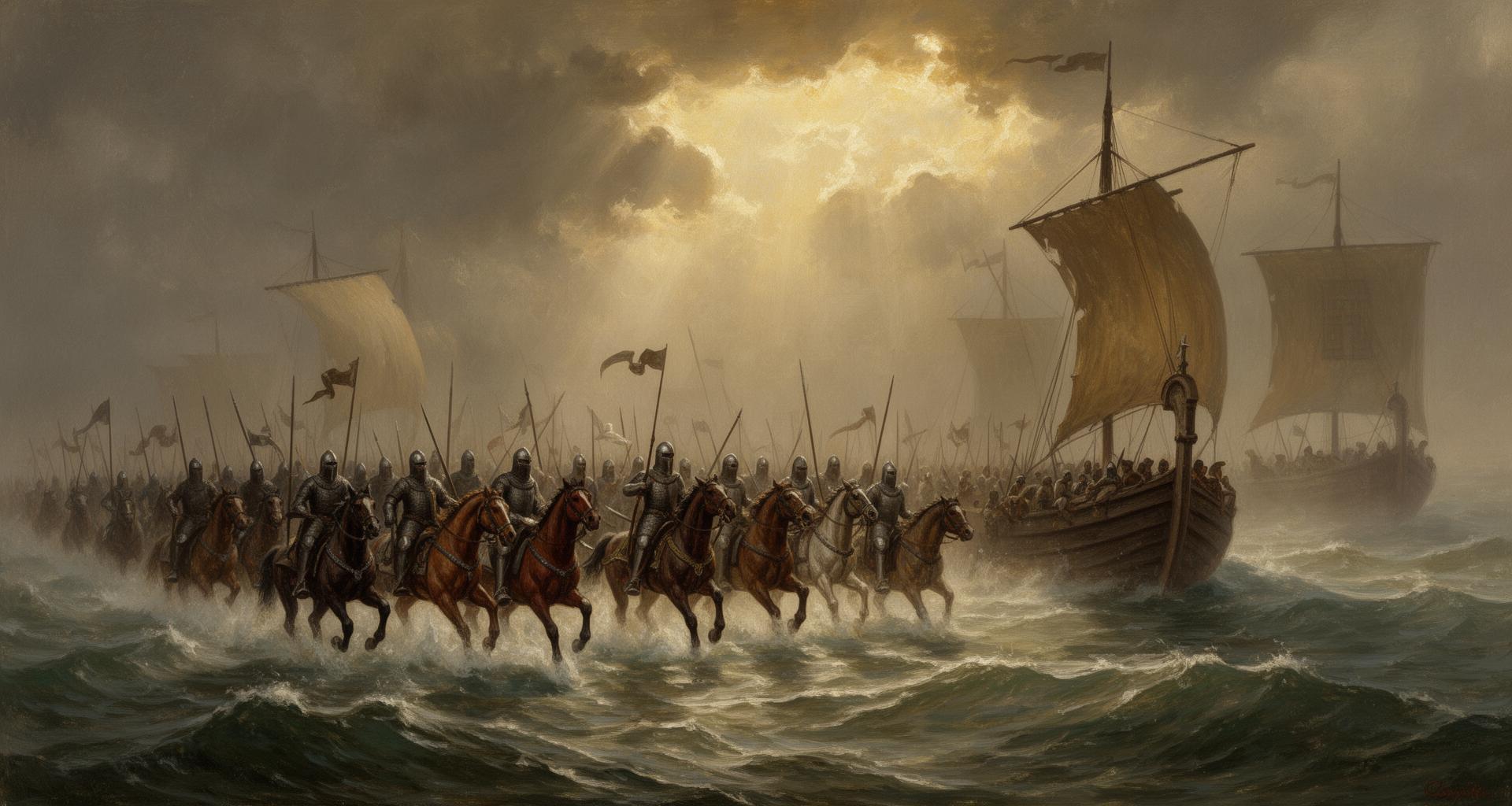 Norman Conquest 1066 - Norman knights crossing the English Channel with William the Conqueror, origin of the Gray family name
