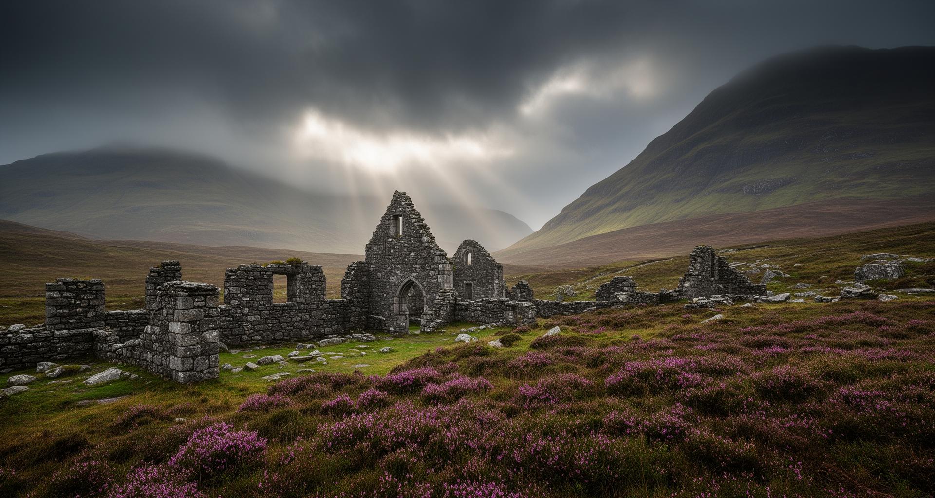 Medieval Scottish Highlands landscape - ancient stone ruins where the Gray family established roots in 1248